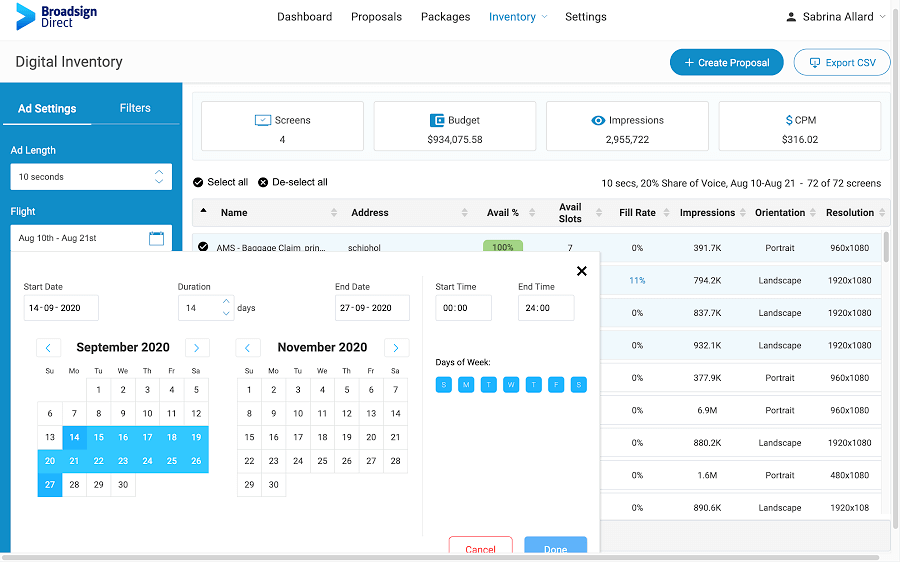 Shows the inventory user interface for Broadsign Direct