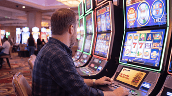 A person plays a slot machine in a casino, with a digital ad displayed on the machine’s lower screen.