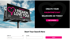 A screenshot of Adomni's website. It shows an example of a billboard message purchased through their Valentine's Day campaign, with the message &quot;Dear Emily, I freakin love you! Love, Kyle&quot; on it. Beneath, you can see a couple of basic options the company gives for people trying to book their own billboard slot.