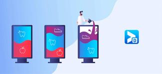 <p>Three digital displays with different colours layered onscreen. The Third screen has a person pouring additional colour onto it from above, as though filling it up with colour. It represents the idea of DOOH content being added to the display’s schedule.</p>
