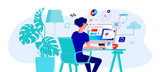 <p>Depicts an illustration of a user operating Broadsign Control 14.0 on their computer</p>
